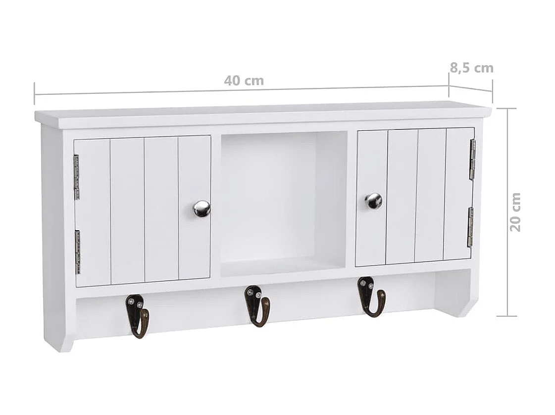 Wandkastje voor sleutels en sieraden met deurtjes en haken