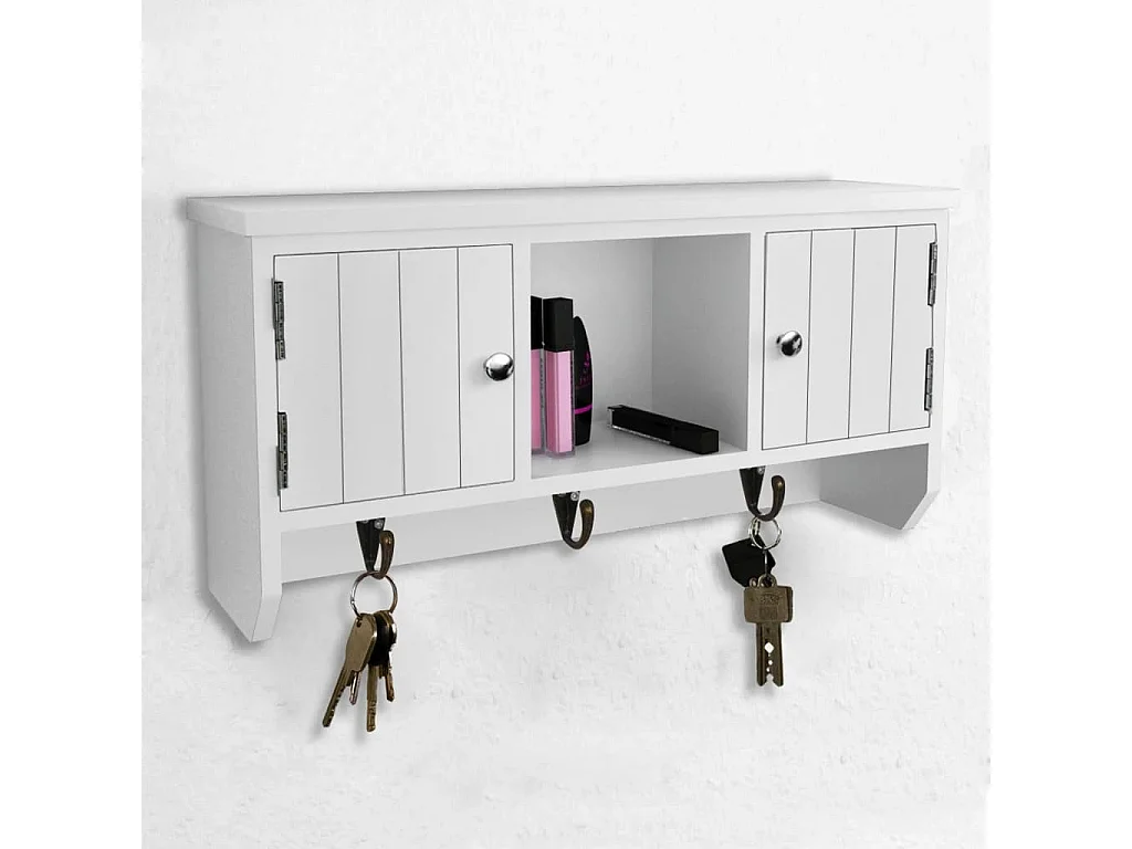 Wandkastje voor sleutels en sieraden met deurtjes en haken