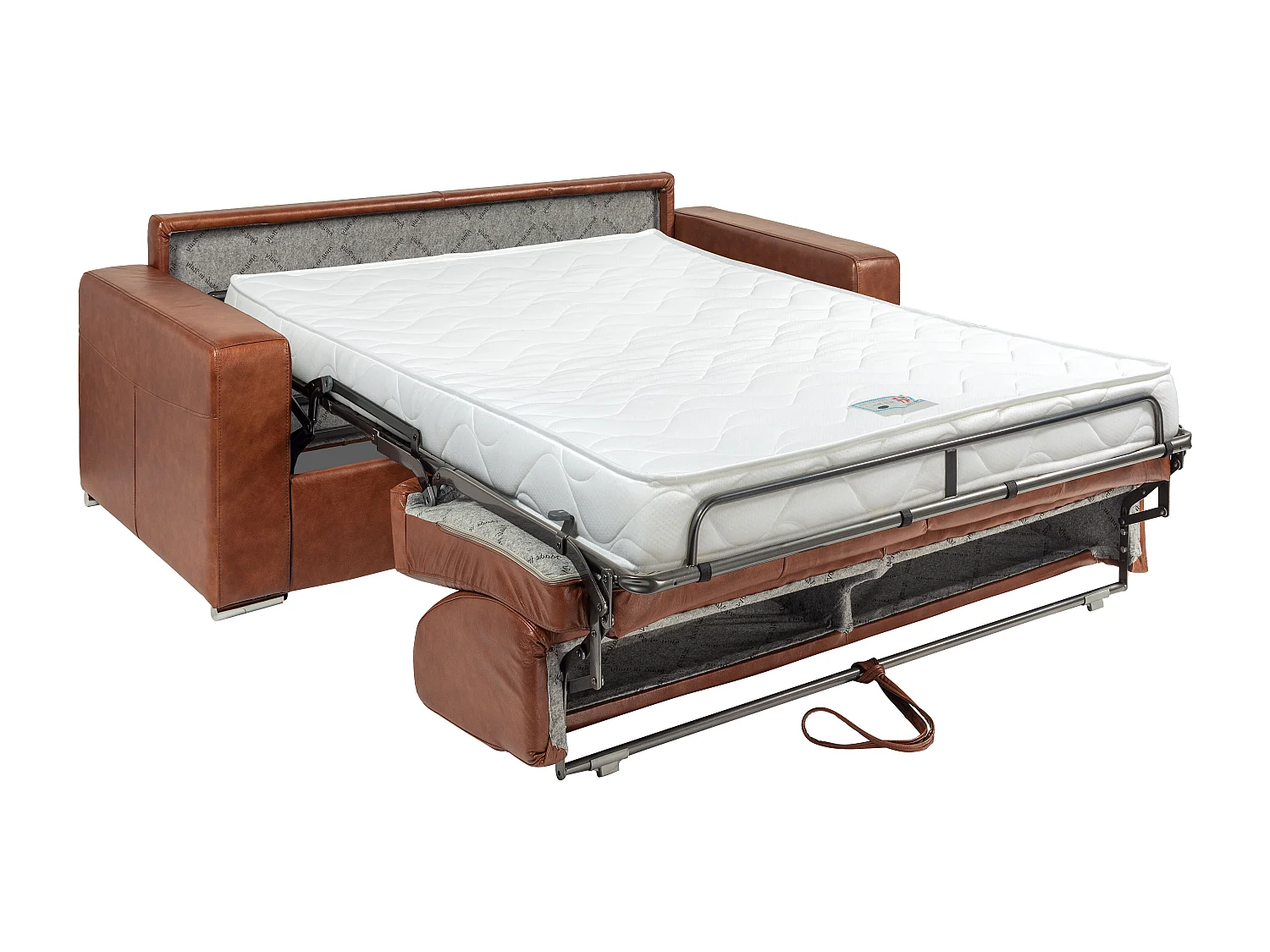 Canapé 3 places convertible express en cuir de buffle vintage caramel - Couchage à lattes larges 140 cm - Matelas 14 cm CALITO