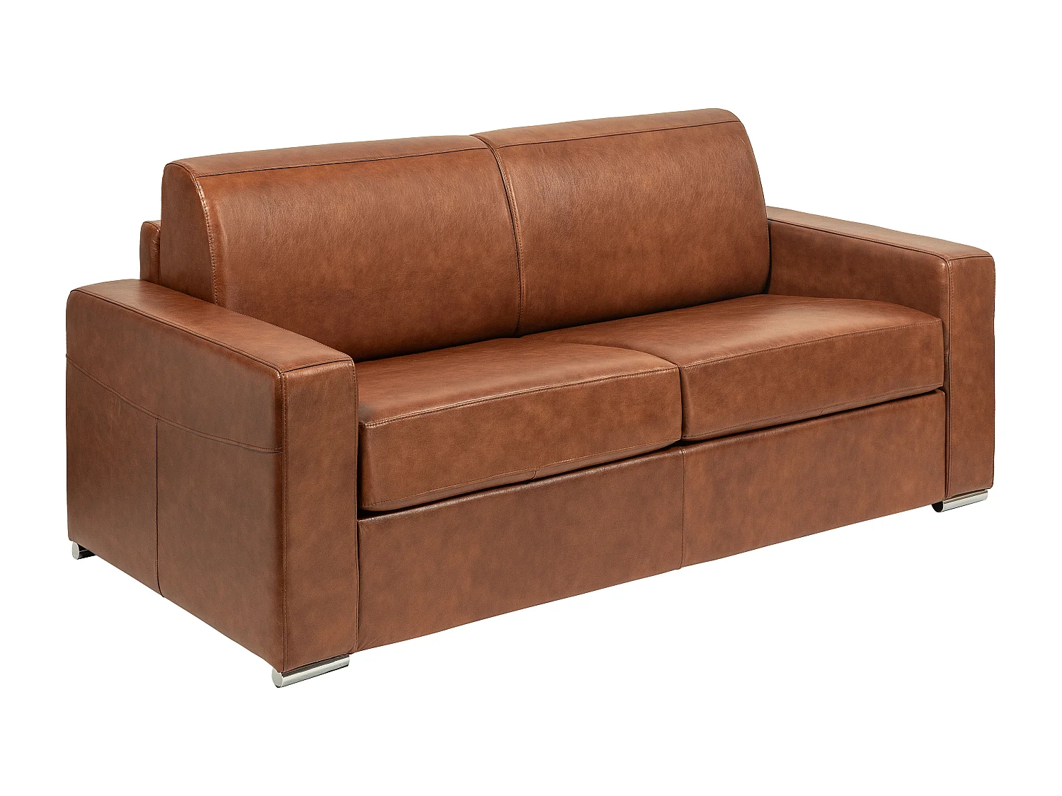 Canapé 3 places convertible express en cuir de buffle vintage caramel - Couchage à lattes larges 140 cm - Matelas 18 cm CALITO