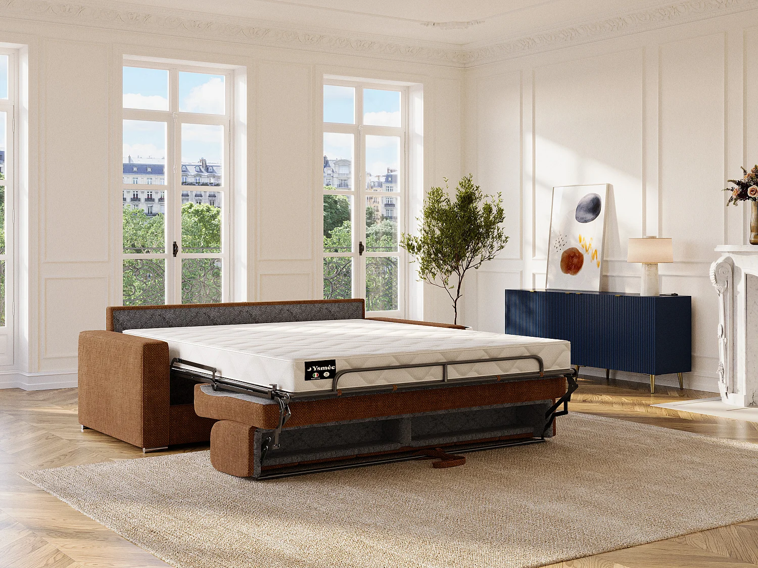 Canapé 3 places convertible express en tissu terracotta - Couchage 140 cm - Matelas 14 cm CALITO