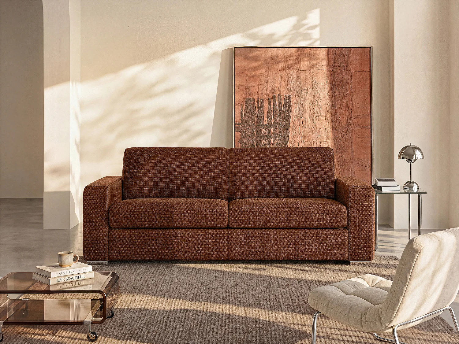 Canapé 3 places convertible express en tissu terracotta - Couchage 140 cm - Matelas 14 cm CALITO