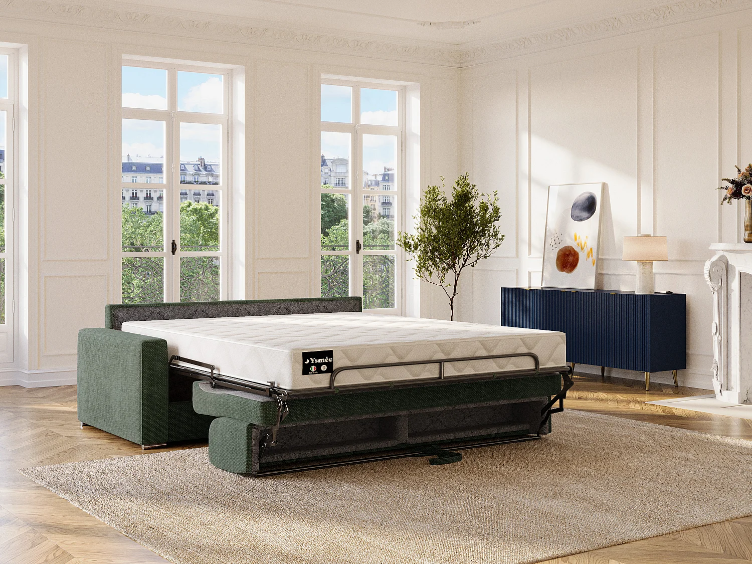 Canapé 3 places convertible express en tissu vert - Couchage 140 cm - Matelas 22 cm avec mémoire de forme CALITO