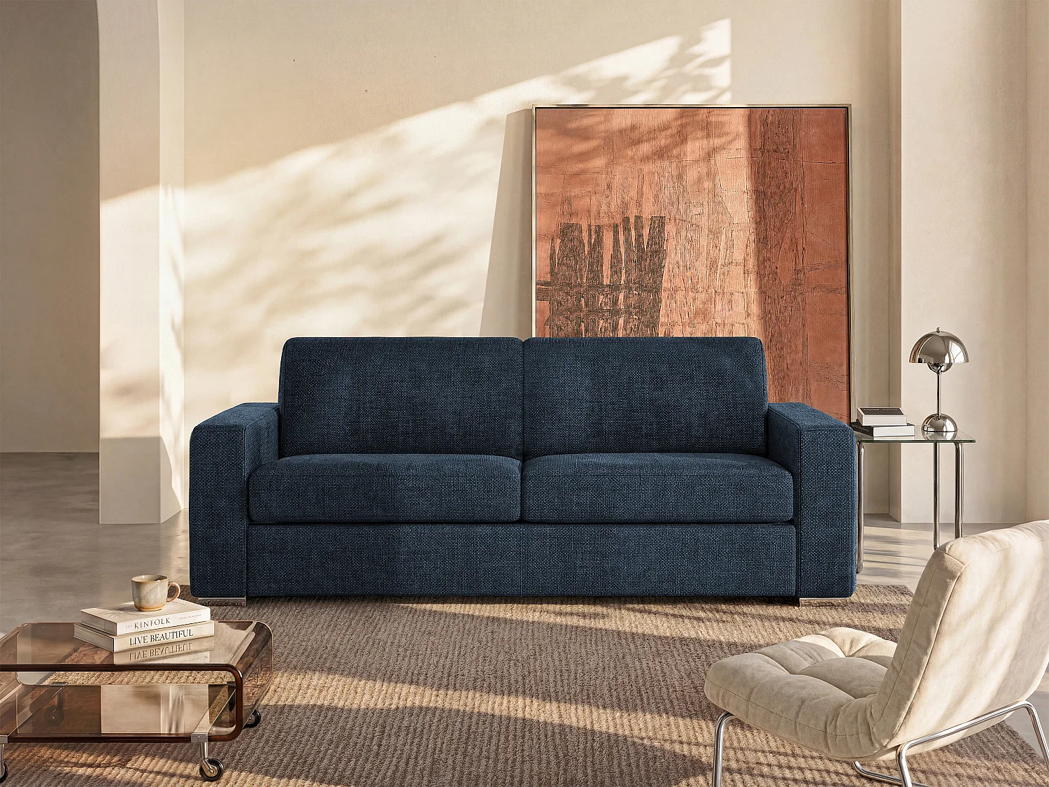 Canapé 3 places convertible express en tissu bleu - Couchage 140 cm - Matelas 22 cm avec mémoire de forme CALITO