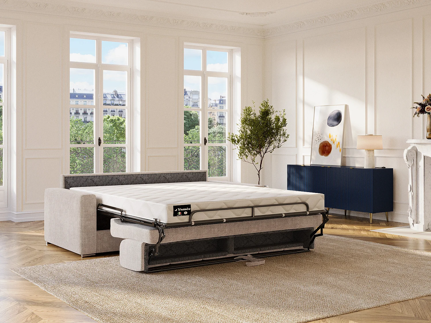 Canapé 3 places convertible express en tissu beige - Couchage à lattes larges 140 cm - Matelas 14 cm CALITO