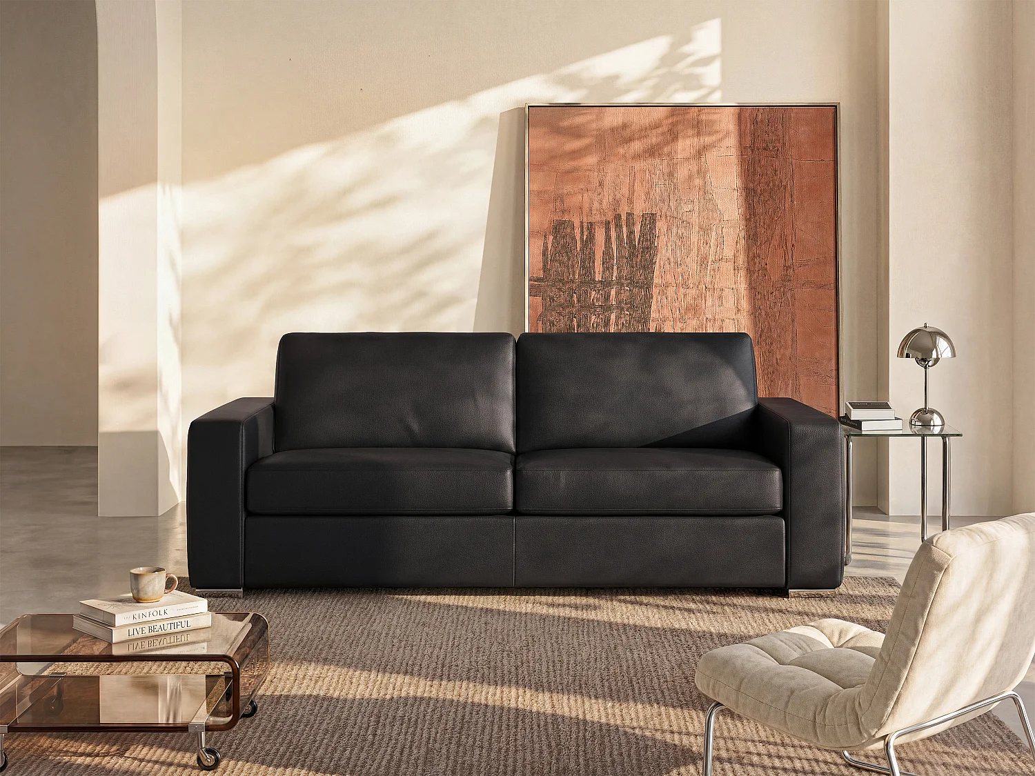 Canapé 4 places convertible express en cuir de buffle noir - Couchage 160 cm - Matelas 18 cm CALITO