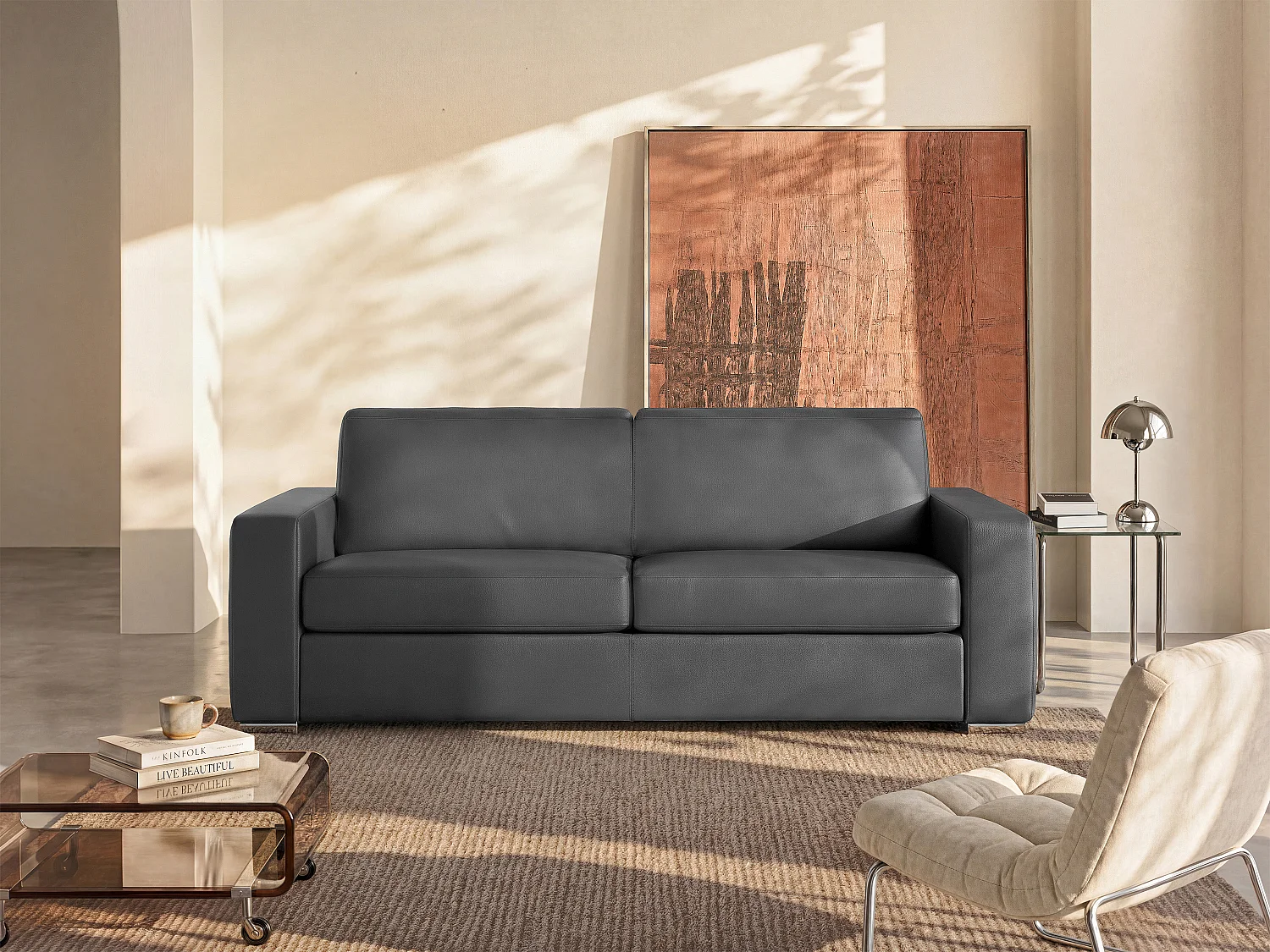 Canapé 4 places convertible express en cuir de buffle gris - Couchage à lattes larges 160 cm - Matelas 22 cm avec mémoire de forme CALITO