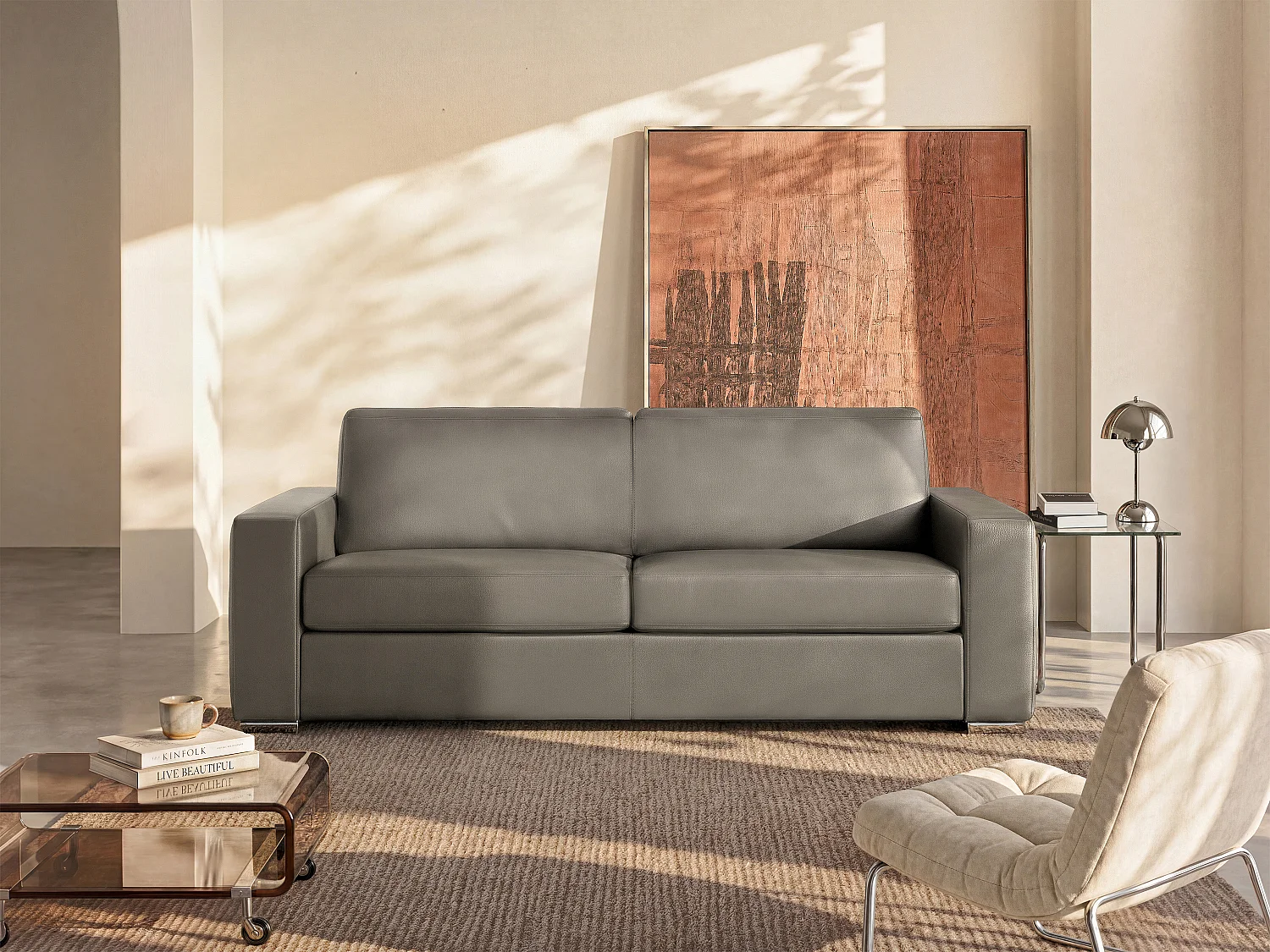 Canapé 4 places convertible express en cuir de buffle taupe - Couchage 160 cm - Matelas 14 cm CALITO