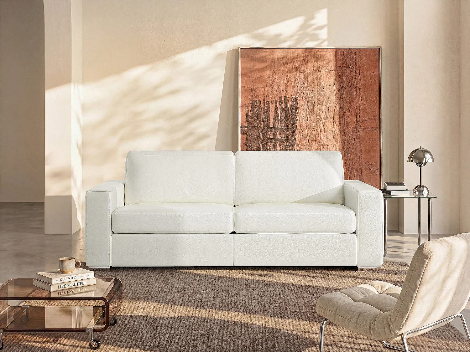 Canapé 4 places convertible express en cuir de buffle blanc - Couchage à lattes larges 160 cm - Matelas 18 cm CALITO