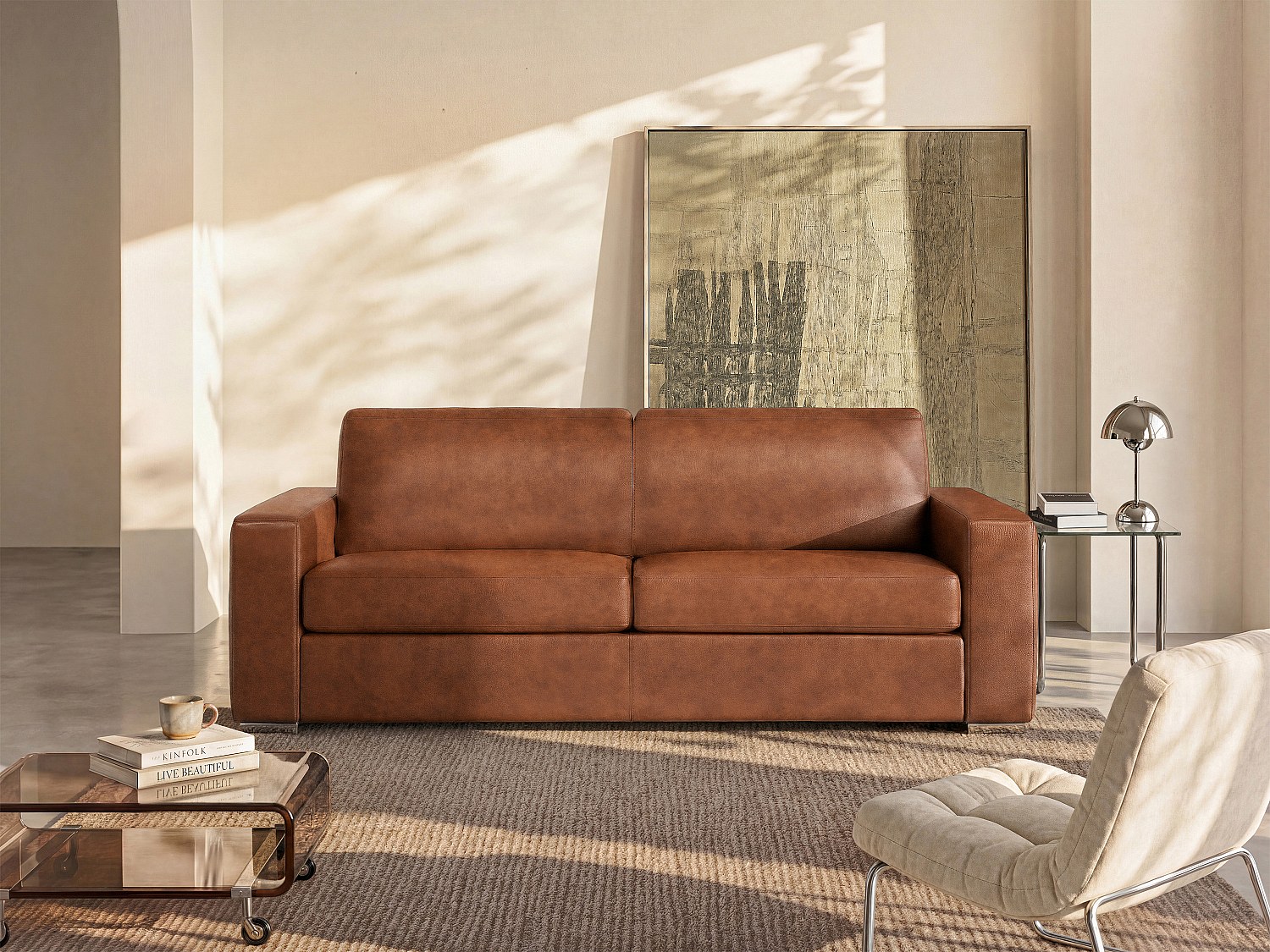 Canapé 4 places convertible express en cuir de buffle vintage caramel - Couchage à lattes larges 160 cm - Matelas 14 cm CALITO