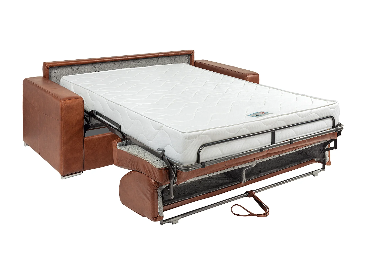 Canapé 4 places convertible express en cuir de buffle vintage caramel - Couchage à lattes larges 160 cm - Matelas 18 cm CALITO