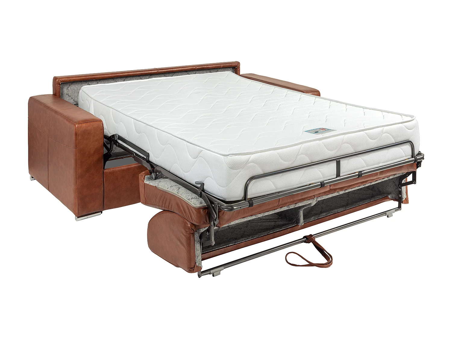Canapé 4 places convertible express en cuir de buffle vintage caramel - Couchage à lattes larges 160 cm - Matelas 22 cm avec mémoire de forme CALITO