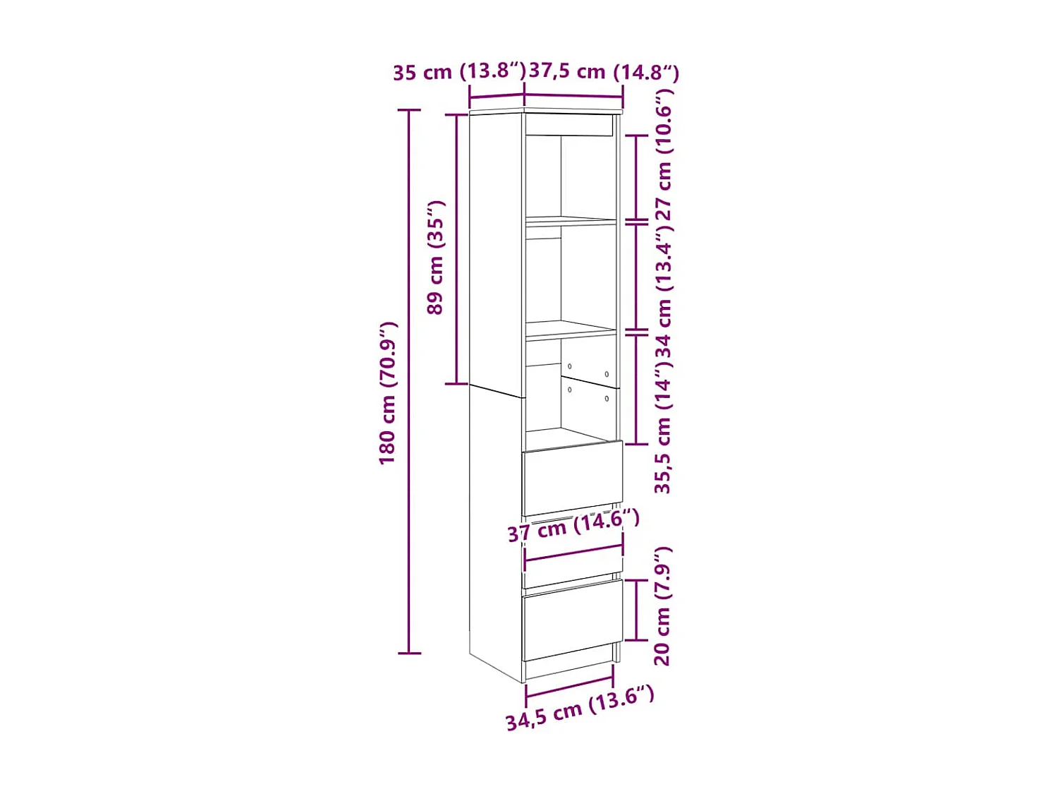 Buffet haut blanc 37,5x35x180 cm bois d'ingénierie