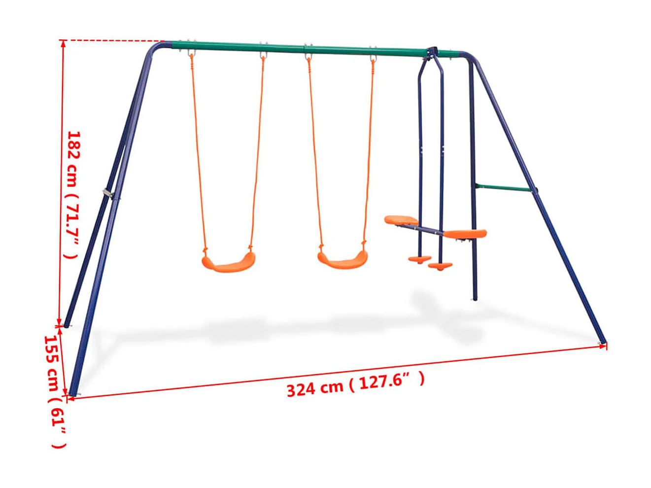 Columpio infantil 4 asientos 2 balancines + tándem +3A multicolor 182x324x155 cm
