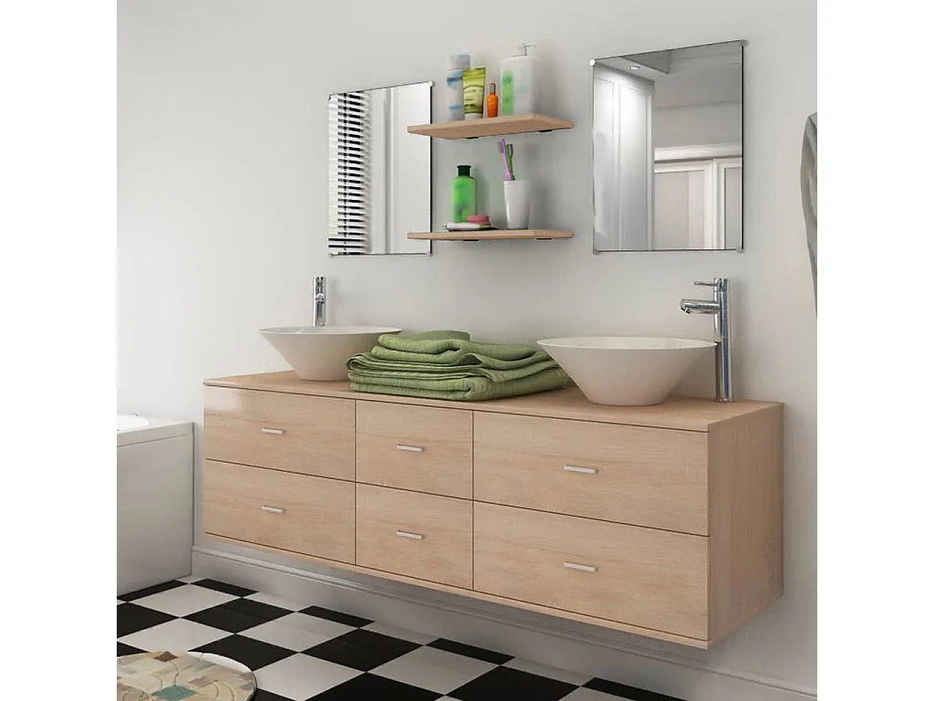 7-tlg. Badmöbel und Waschbecken Set Beige
