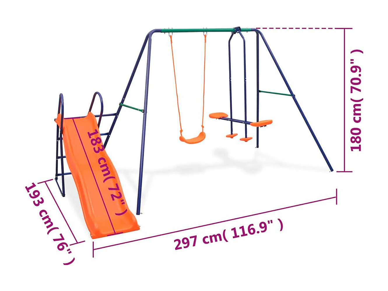 Columpio infantil 3 asientos balancín + tándem + tobogán +3A multicolor 180x297x193 cm