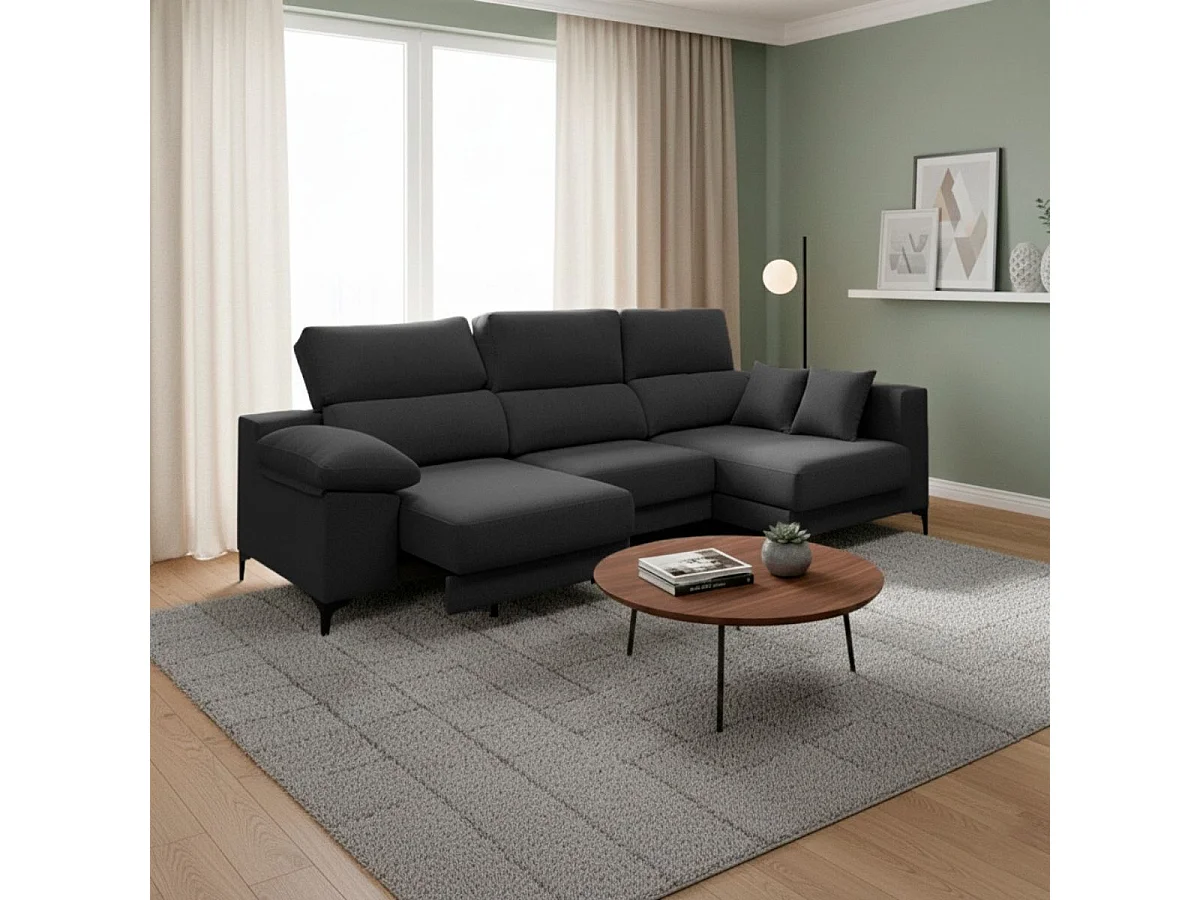 Sofá chaiselongue Santorini 3 plazas deslizante + reclinable tela Bronx derecha antracita 100x275x160 cm