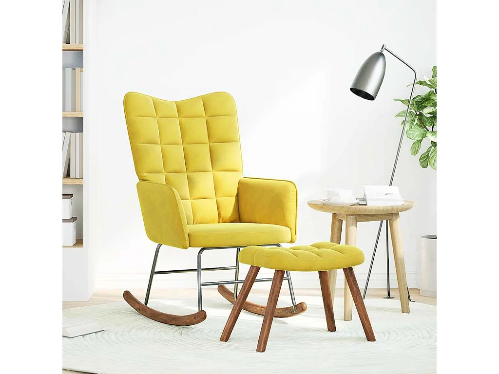 Chaise à bascule avec tabouret en velours jaune