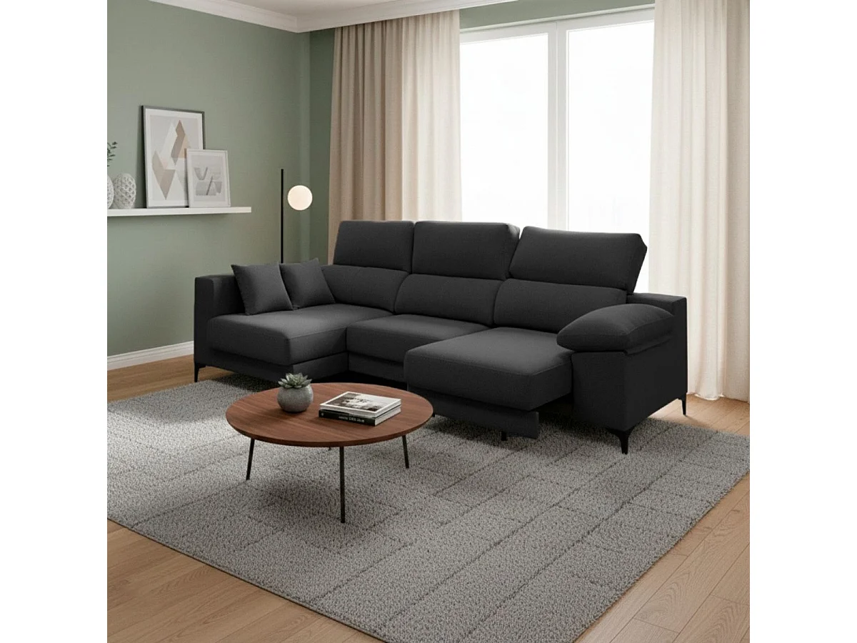 Sofá chaiselongue Santorini 3 plazas deslizante + reclinable tela Bronx izquierda antracita 100x275x160 cm