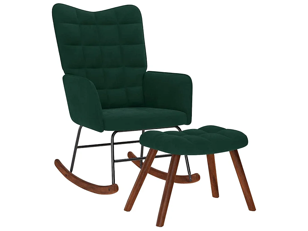 Chaise à bascule avec tabouret en velours vert foncé