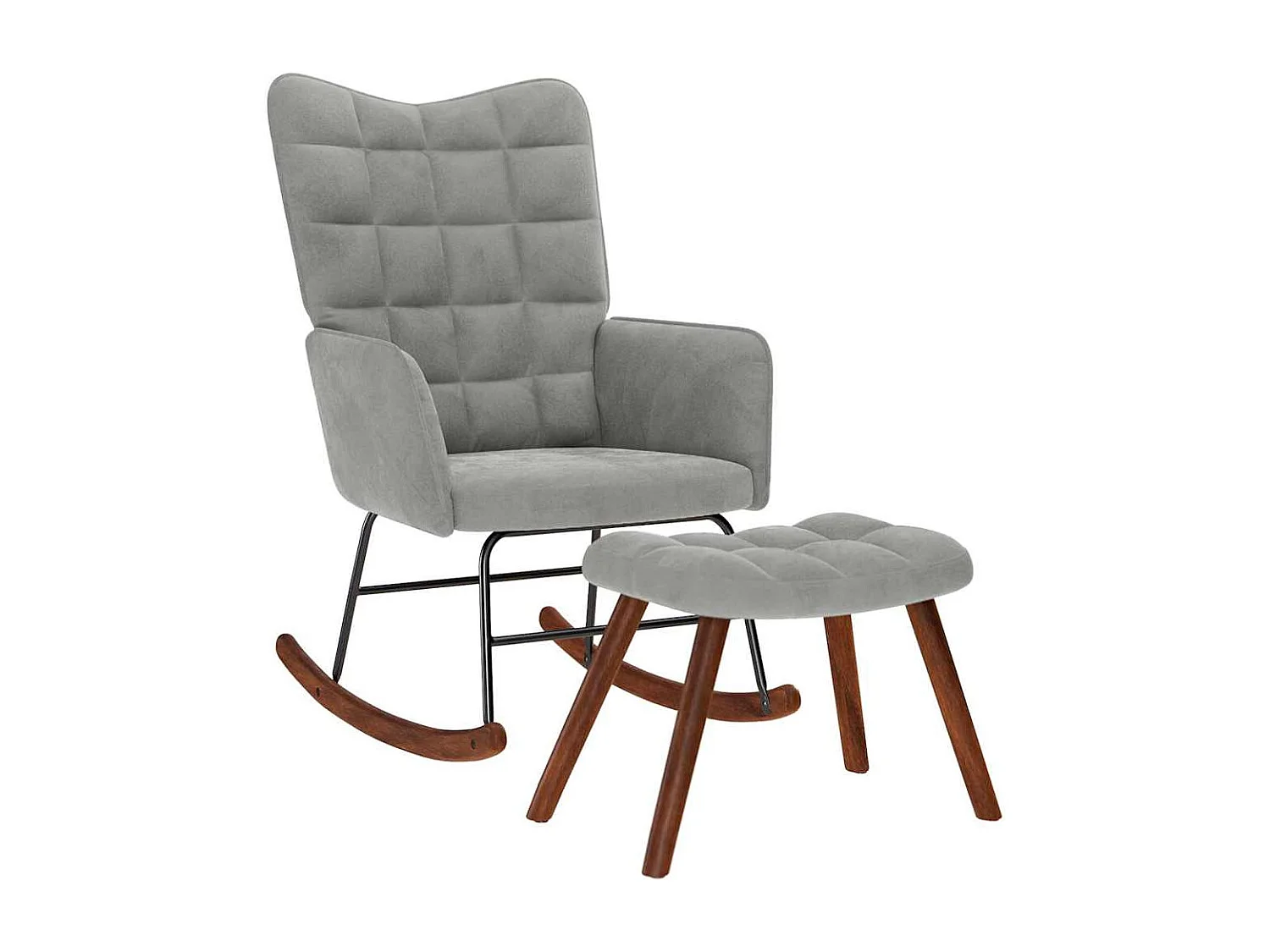 Chaise à bascule avec tabouret en velours gris clair