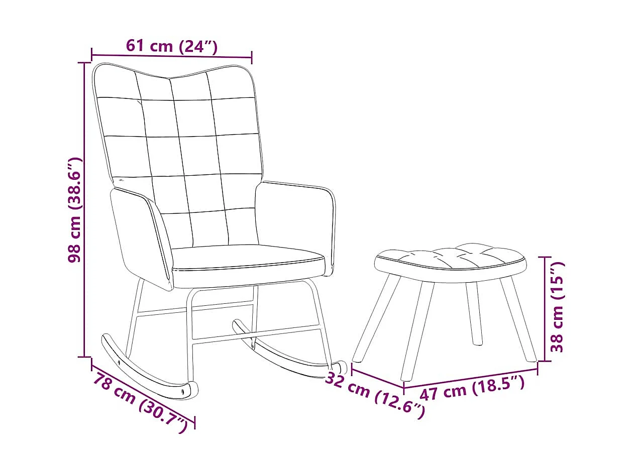 Chaise à bascule avec tabouret en velours gris clair