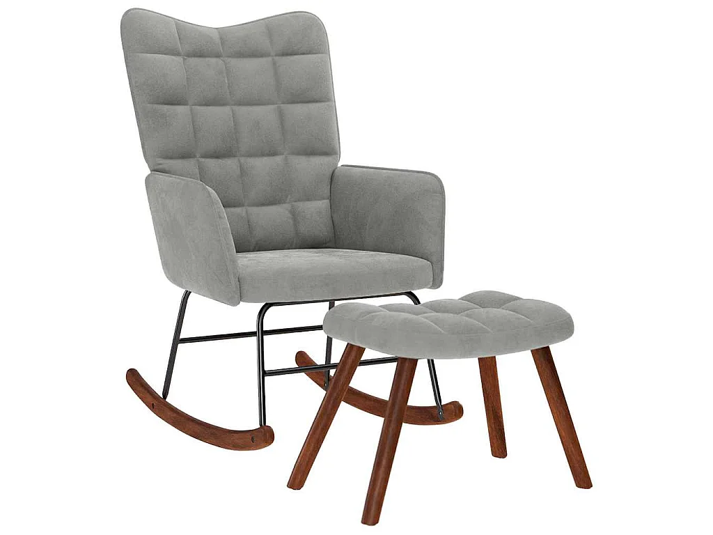 Chaise à bascule avec tabouret en velours gris clair