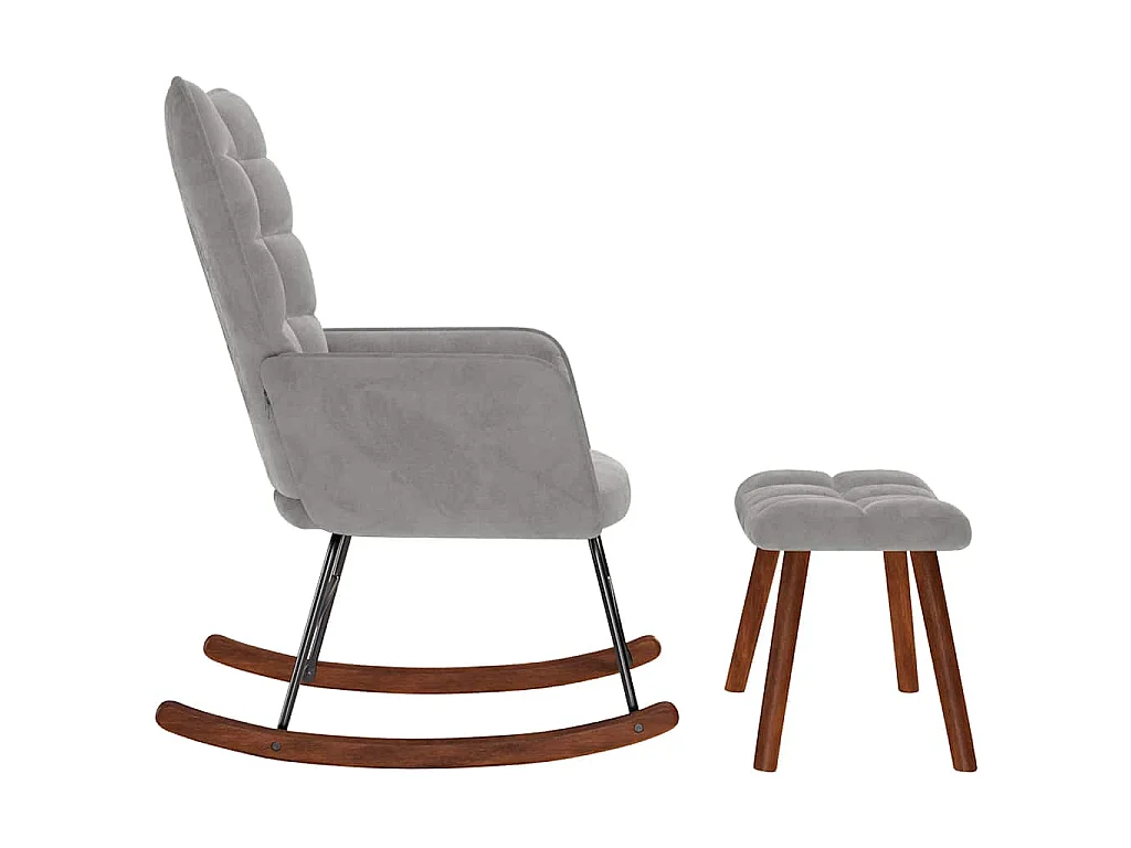 Chaise à bascule avec tabouret en velours gris clair