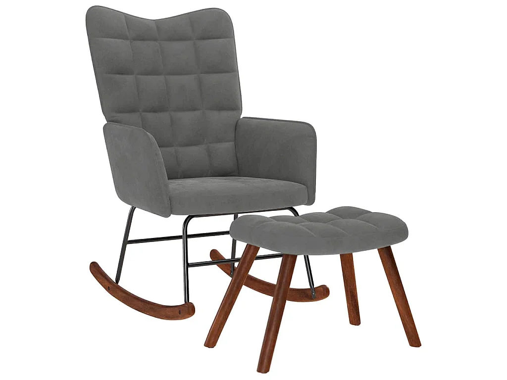 Chaise à bascule avec tabouret en velours gris foncé