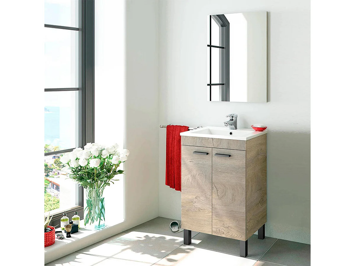 Mueble de baño con espejo y lavabo Essens roble Alaska