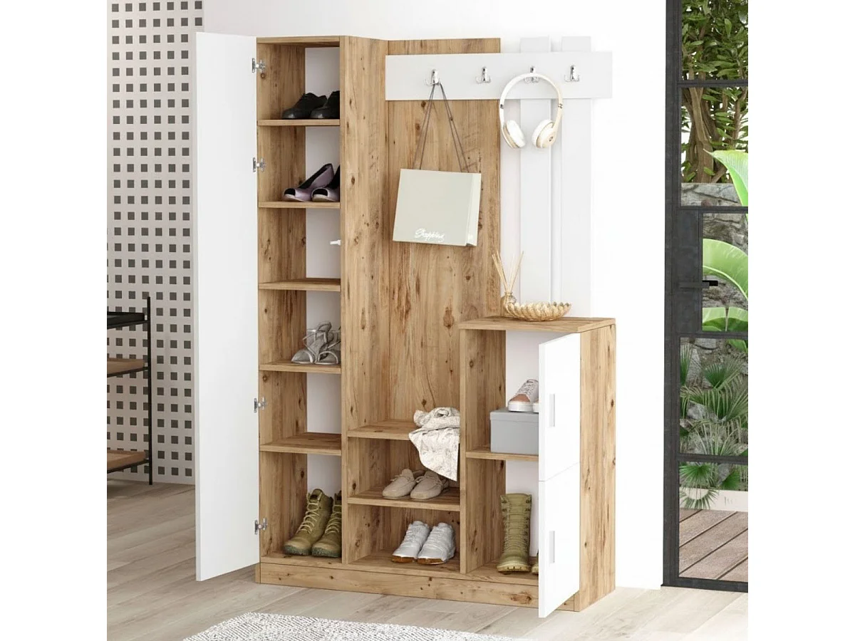 Zapatero Loreto espejo con 10 compartimentos y ganchos cambria/blanco 179,7x113,6x37,5 cm