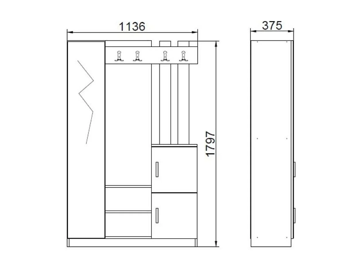 Zapatero Loreto espejo con 10 compartimentos y ganchos cambria/blanco 179,7x113,6x37,5 cm