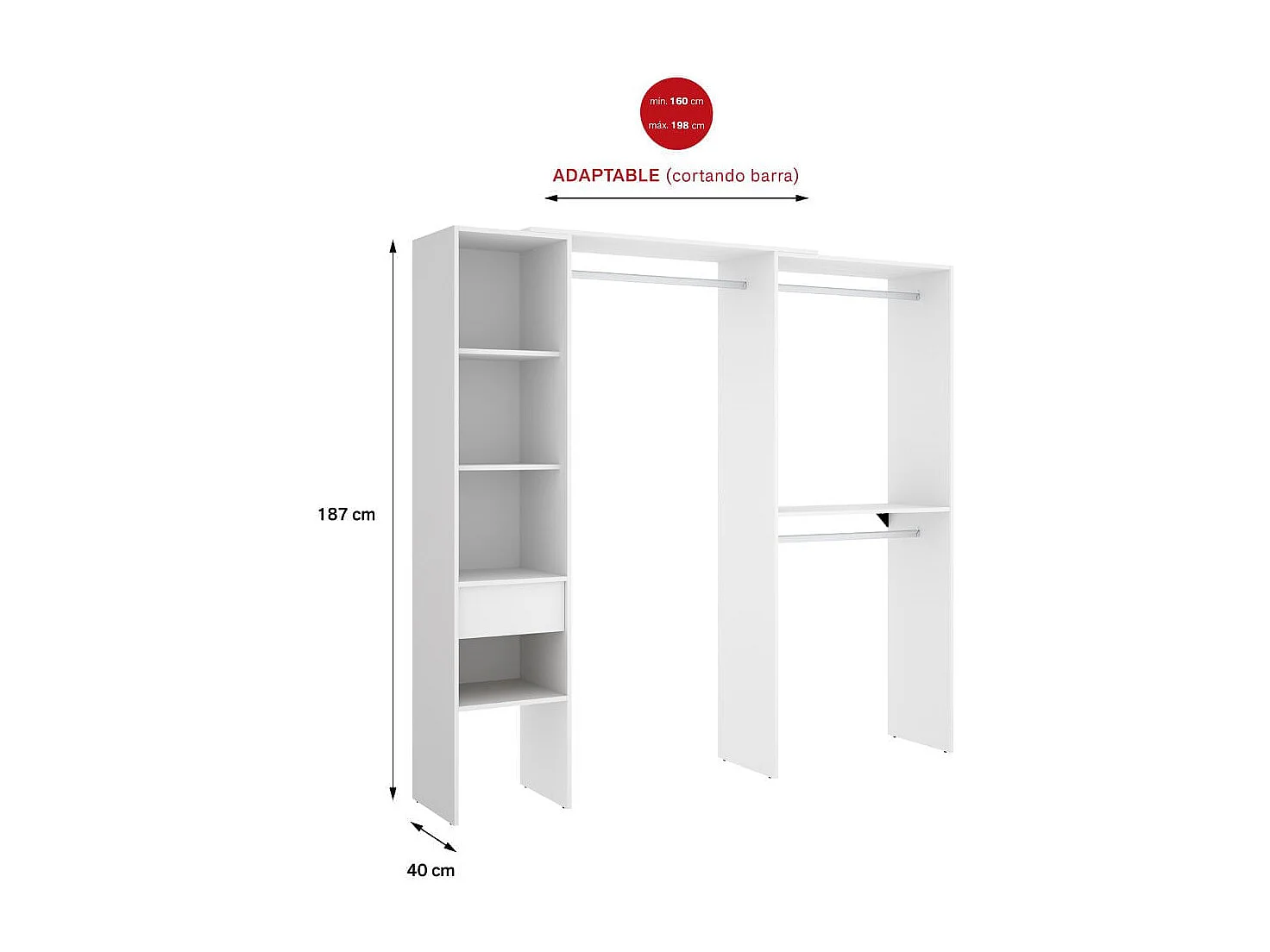 Armario vestidor Suit 3 barras + 1 columna + 1 cajón blanco