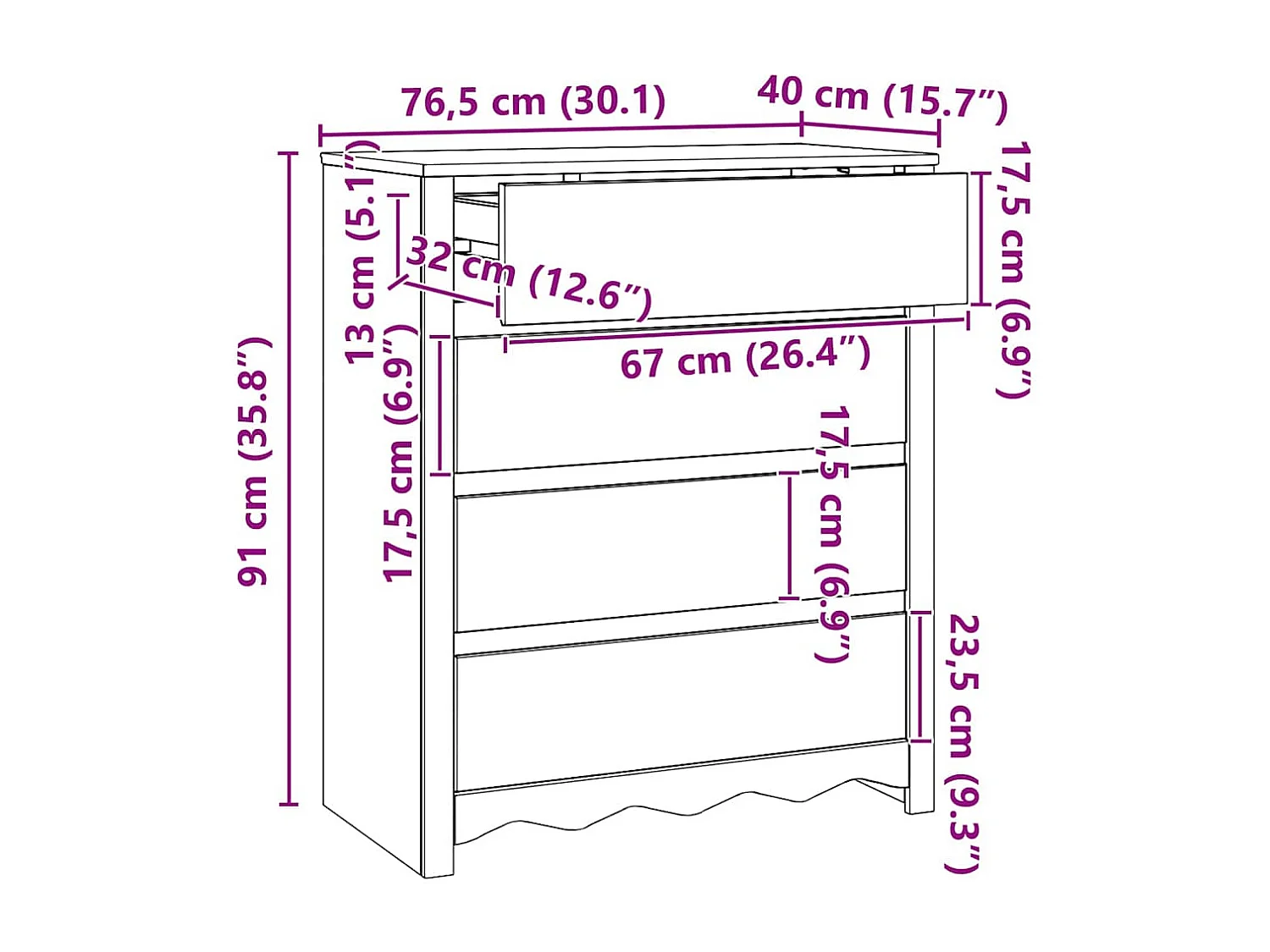 Kommode Drammen Eiche 76,5 x 40 x 91 cm Massivholz Kiefer