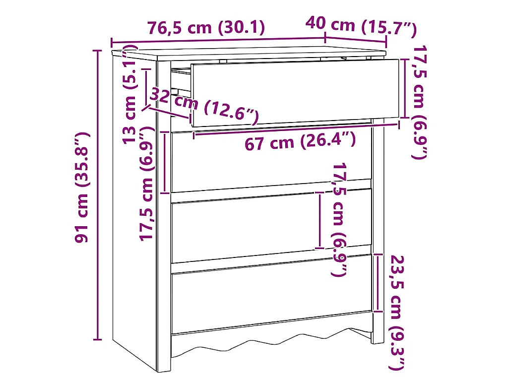 Baú de Gavetas com gaveta Drammen Carvalho 76,5 x 40 x 91 cm