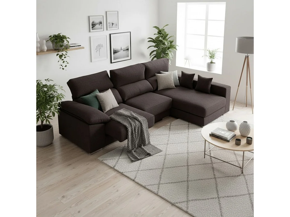 Sofá chaiselongue derecha Calgary 3 plazas deslizante y reclinable tela Bergamo negro 290 cm