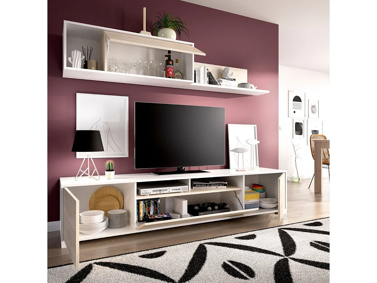 Composition salon TV KEN KEN 200x41x180 cm - Mélamine blanc brillant & chêne naturel