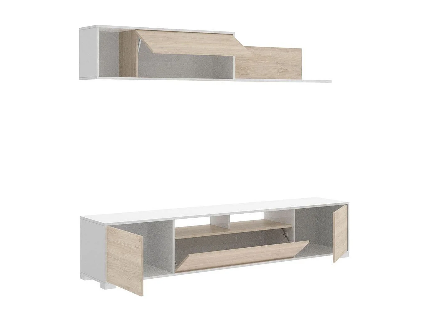 Composition salon TV KEN KEN 200x41x180 cm - Mélamine blanc brillant & chêne naturel