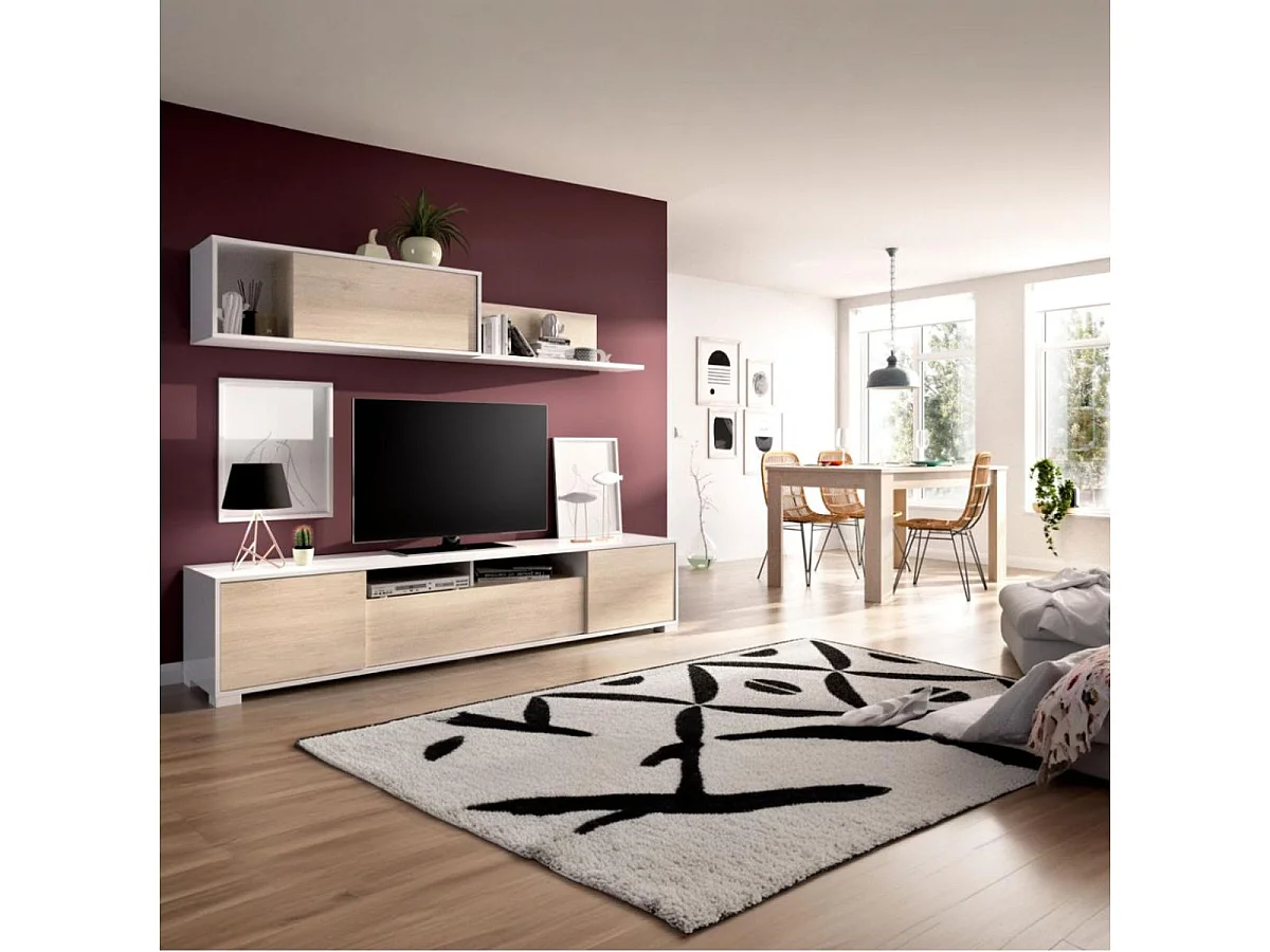 Composition salon TV KEN KEN 200x41x180 cm - Mélamine blanc brillant & chêne naturel