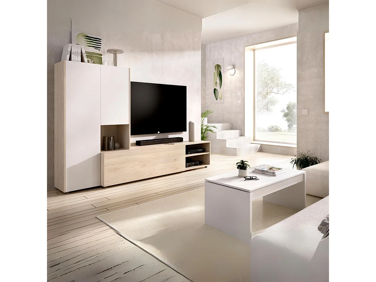 Composición de salón Kei mueble bajo + módulo lateral blanco/natural 227 cm