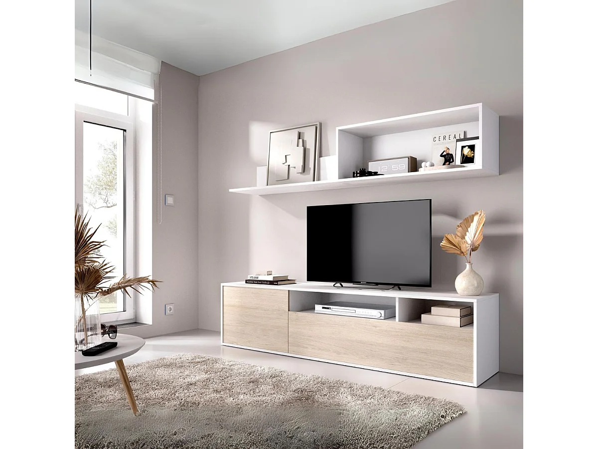 Composición de salón Bay mueble bajo + módulo superior blanco/natural 180 cm