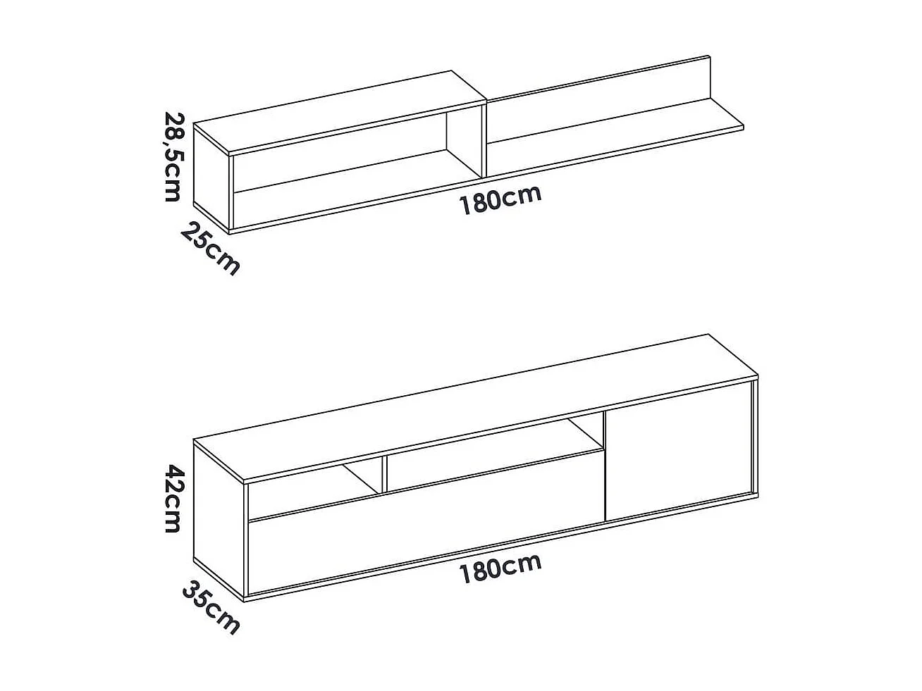 Composición de salón Bay mueble bajo + módulo superior blanco/natural 180 cm