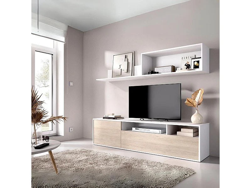 Composición de salón Bay mueble bajo + módulo superior blanco/natural 180 cm