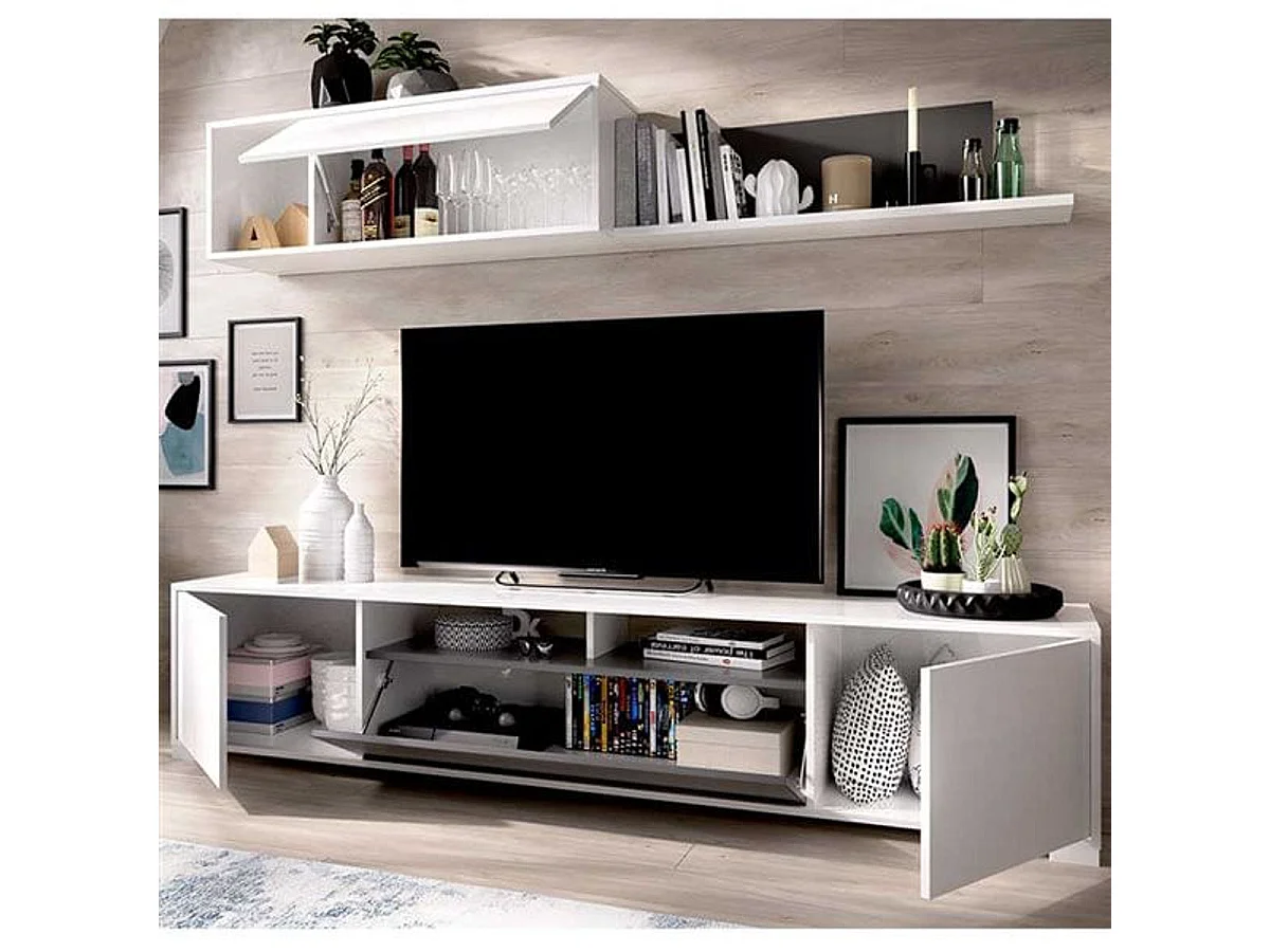 Composición de salón Ken mueble de TV y módulo superior blanco brillo/grafito