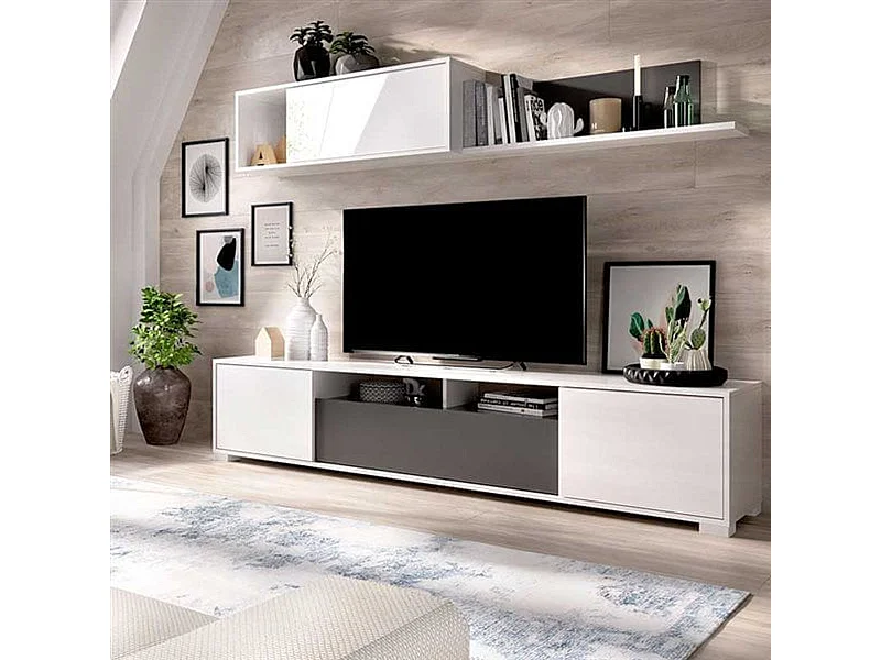 Composition meuble TV mural KEN 200x41x180 cm 2 portes blanc brillant / graphite