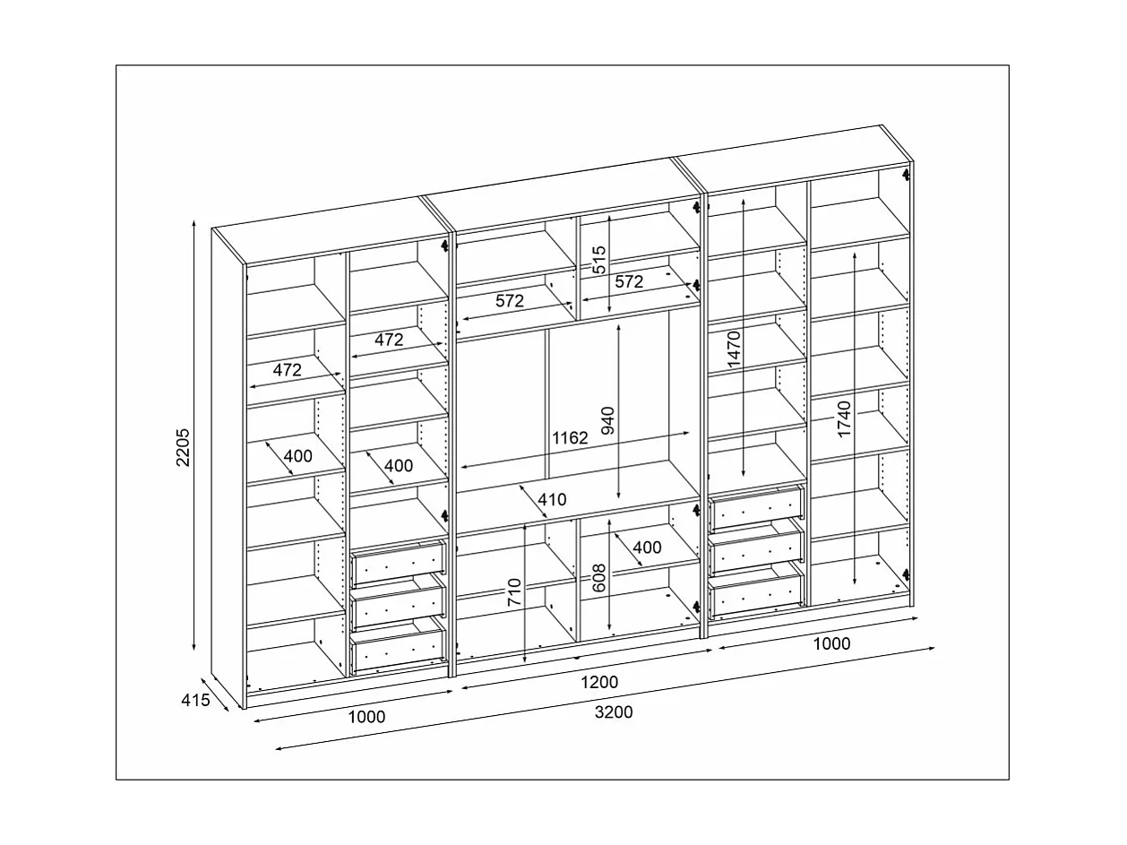 Parete attrezzata moderna Livio con mobile TV – 320 cm, grande spazio contenitivo ferramenta di alta qualità