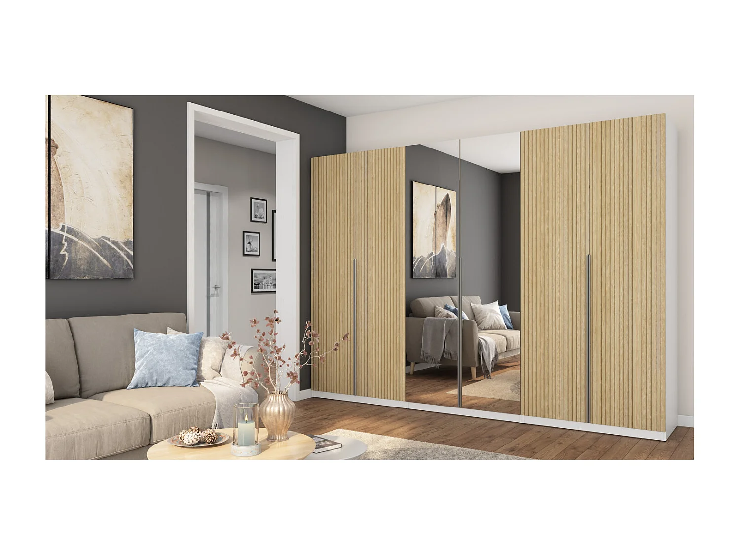 Armoire moderne 300 × 220 cm – avec penderie, étagères intérieures et tiroirs spacieux extérieurs, modulable Avec miroir