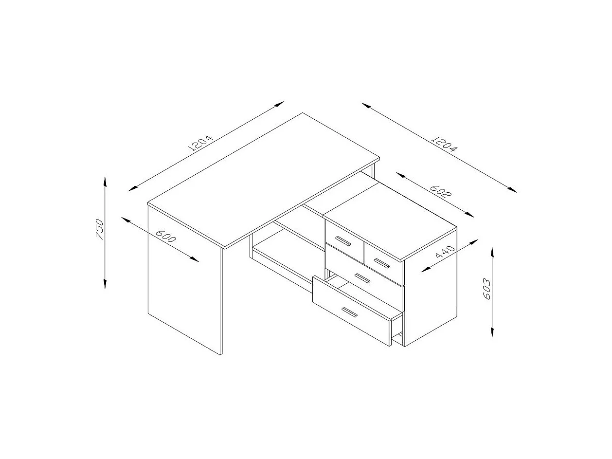 Scrivania angolare 120x120 cm con cassetti, armadietto e mensole – stile moderno – EMEBLAST