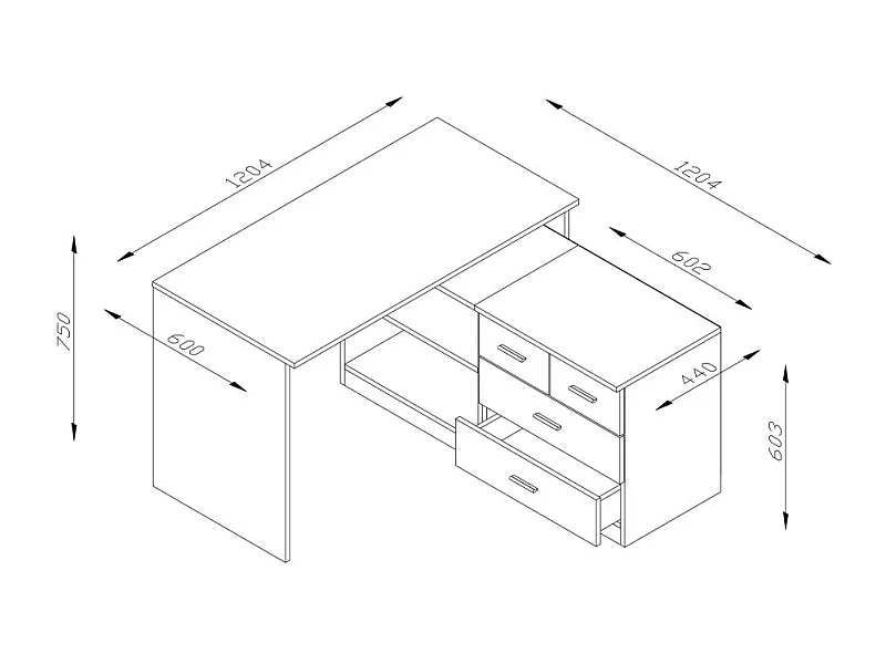 Bureau d’angle 120x120 cm avec tiroirs, placard et étagères – style moderne – EMEBLAST