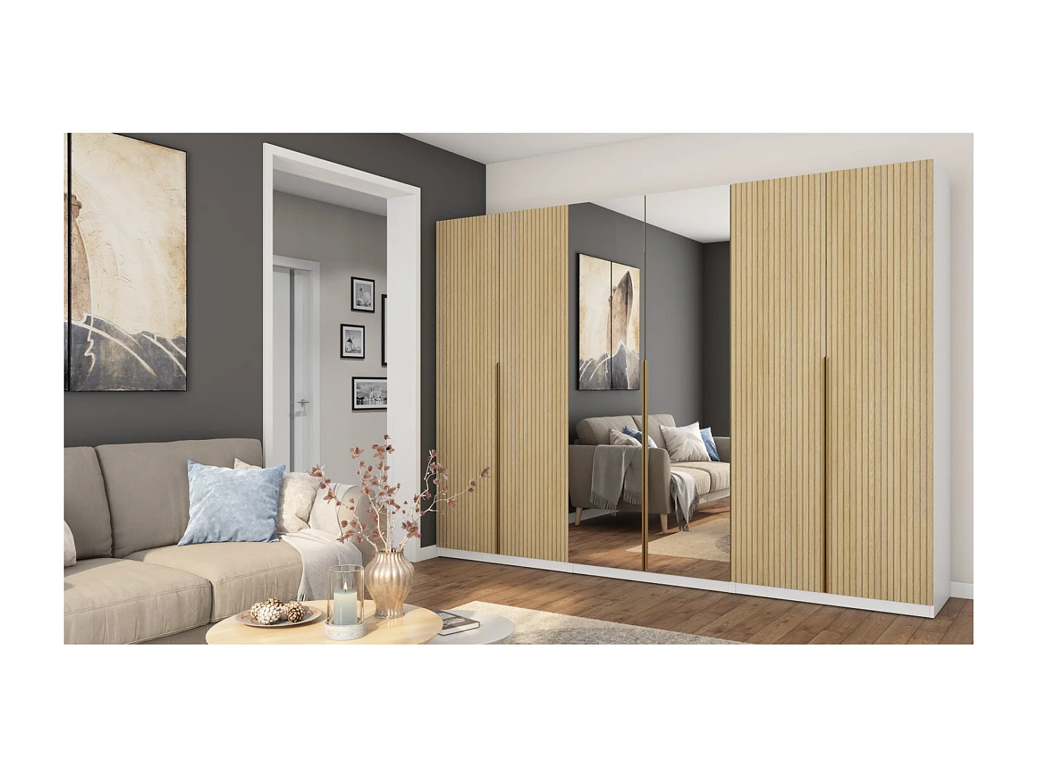 Armoire moderne 300 × 220 cm – avec penderie, étagères intérieures et tiroirs spacieux extérieurs, modulable Avec miroir